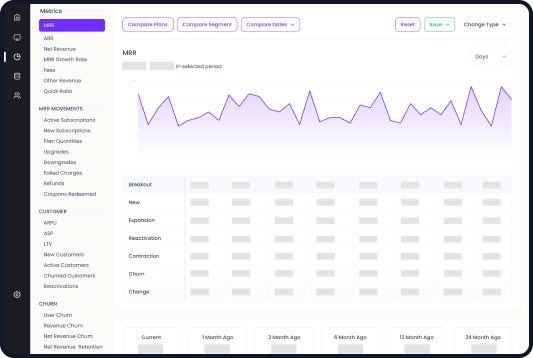 Actionable Metrics Insights showcasing instant access to key SaaS metrics: revenue, subscription, churn, and retention.